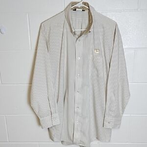 White Tan Mini Stripe Casual Button Down 1 Pocket John Deere Shirt